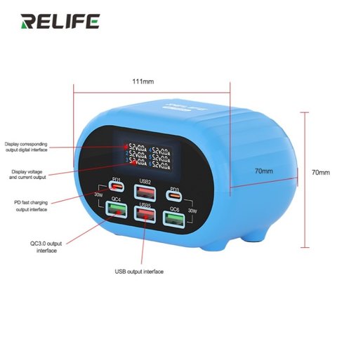 Мережевий зарядний пристрій RELIFE RL-309U, 72 Вт, Quick Charge, Power Delivery (PD), сірий, 6 портів Прев'ю 3