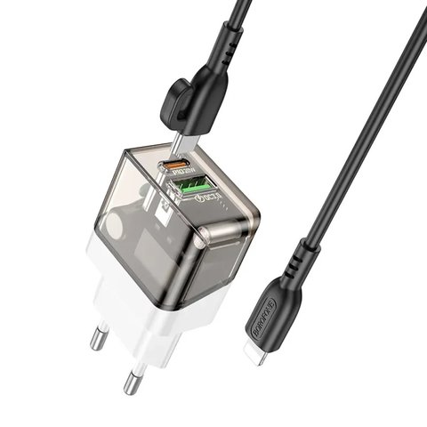 Сетевое зарядное устройство Borofone BA80A, 20 Вт, Quick Charge, Power Delivery (PD), черный, прозрачный, c кабелем USB тип-C к Lightning для Apple, 2 порта, #69419911105166 Превью 1