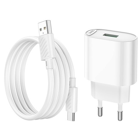 Сетевое зарядное устройство Hoco C109A, 18 Вт, Quick Charge, белый, с USB кабелем тип-C, 1 порт, #6931474784834 Превью 1