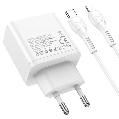 Мережевий зарядний пристрій Hoco N35, 45 Вт, Power Delivery (PD), білий, з кабелем USB тип-C до Lightning для Apple, 2 порта, #6931474797223 Прев'ю 1